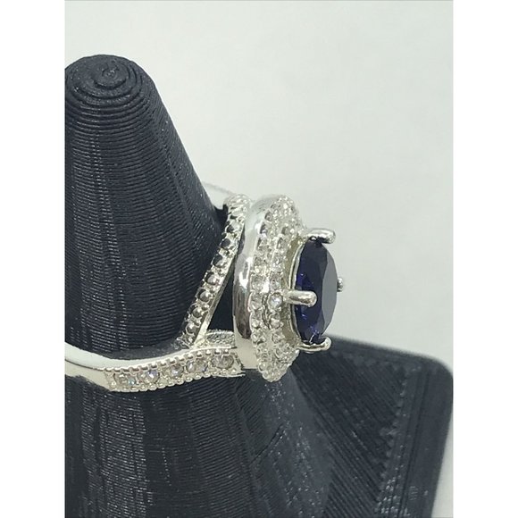 Blue Stone cushion cut size 5.5 Clear Crystals Silver tone - Picture 4 of 7